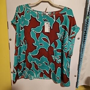 NWT Nine West Women's Size 2X Short Sleeve Silky Tee Blouse Teal & Brown Print